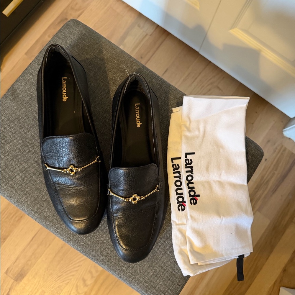 Larroude Black Leather Loafers with Gold Hardware